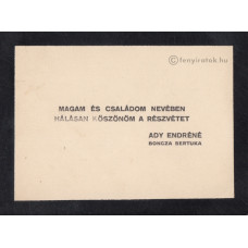 Ady Endréné Boncza Berta (1894-1934) költőnő részvétköszönő kártyája Ady halála alkalmából