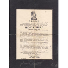 Ady Endre (1877-1919) költő gyászjelentése