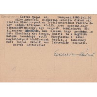 Eckhardt Sándor ((1890-1969) irodalomtörténész géppel írt, kék tintával, saját kezűleg aláírt levelezőlapja
